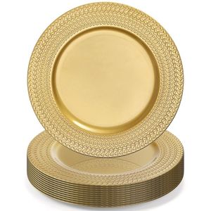 Assiette de présentation ronde moderne dorée à bord tressé, texture tissée, pour décoration de table de mariage, événement, fête ou dîner - Product Image 1