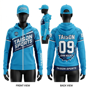 Sweat à capuche d'entraînement pour équipe de hockey sur glace féminine, 320 GSM, polaire de performance en polyester premium, design à panneaux bleu marine, or et blanc, logo personnalisé - Product Image 4