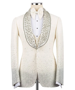 Chaqueta de esmoquin para hombre con cristales de imitación color marfil – Blazer de diseñador con solapa tipo chal y pedrería para novio y ropa de fiesta de lujo - Product Image 4