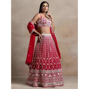 Marvelous <b>Red</b> Georgette Sangeet Wear <b>Lehenga</b> Choli with Thread Work - Product Image 1
