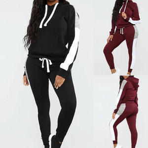 Women <b>Hooded</b> Tracksuit Set Solid Color Sweatshirt Pants Casual Jogging Suit Full Sleeve Drawstring Design Spandex Cotton Fabric - Product Image 2