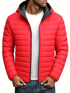 Men's <b>Red</b> <b>Hooded</b> Puffer <b>Jacket</b> Windproof Casual Winter Coat Zipper Closure Polyester Wadding Slim Fit Solid Color - Product Image 1
