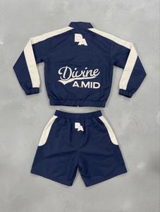 Ensemble de survêtement bleu marine pour homme avec veste zippée à col montant et imprimé lettres, et short – Tenue de sport deux pièces - Product Image 2