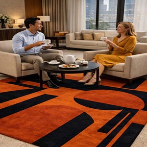 Alfombra Geométrica Contemporánea Naranja y Negra, Hecha a Mano, Suave y Duradera, Alfombra Elegante para Sala de Estar, Vestíbulo de Hotel u Oficina - Product Image 4