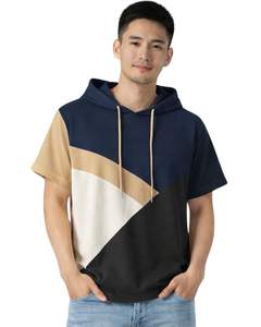 <b>Men</b> Short Sleeve Hoodie T Shirt <b>Navy</b> Beige Black Color Block Casual Pullover Hooded Top Soft Cotton Blend Summer Wear - Product Image 1
