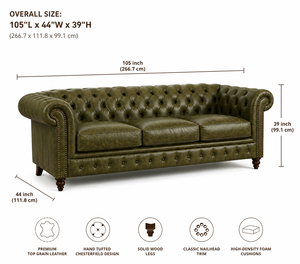 Sofá Chesterfield de Cuero Genuino de Lujo, Tapizado Profundo, de 3 Plazas, para Sala de Estar, Villa y Salón de Hotel - Product Image 2