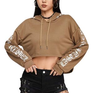 Custom Women Brown Cropped Hoodie Gothic Letter Print Sleeve <b>Long</b> Sleeve Vintage Y2K Streetwear Crop Pullover <b>Sweatshirt</b> - Product Image 4