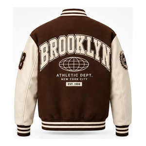 Chaqueta Varsity Marrón Chocolate Personalizada al por Mayor OEM, Chaqueta Bomber Universitaria de Béisbol con Logotipo Bordado en Chenille, Ropa Urbana - Product Image 2