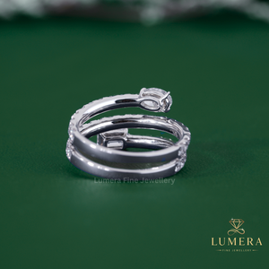 Luxury Oval And Emerald Cut Diamond <b>Ring</b>, Mixed Shape <b>Two</b> <b>Stone</b> Bypass Design With Curved Pave Swirl Shank Anniversary <b>Ring</b> - Product Image 2