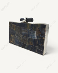 Clutch de Latón Azul Natural con Ojo de Tigre |   Minaudière de mosaico hecha a mano |   Moda nupcial de lujo, ecológica y ligera - Product Image 3