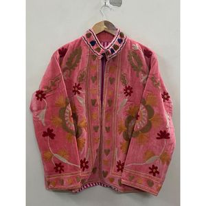 เสื้อแจ็คเก็ตผ้ากำมะหยี่ปักมือสำหรับผู้หญิง คอจีน แขนยาว ฤดูใบไม้ร่วง ฤดูหนาว สไตล์โบฮีเมียน ลายตา  รักษ์โลก แบบเปิด - Product Image 1