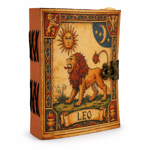 Journal en cuir fait main avec cadran du zodiaque Lion et serrure - Carnet d'astrologie vintage et bloc-notes en papier à bords festonnés colorés - Product Image 2