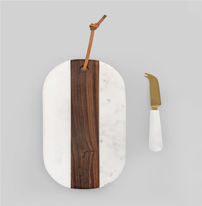 Planche à découper en bois et marbre pour fruits et légumes, qualité exceptionnelle, avec poignée en cuir, forme rectangulaire, plateau de service pour fromage - Product Image 1