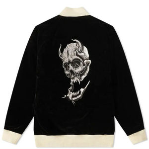 <b>Men's</b> Black Velvet Bomber Jacket <b>Gothic</b> Skull Embroidery Back Print Stand Collar Regular Fit Winter Style Satin Lining - Product Image 1