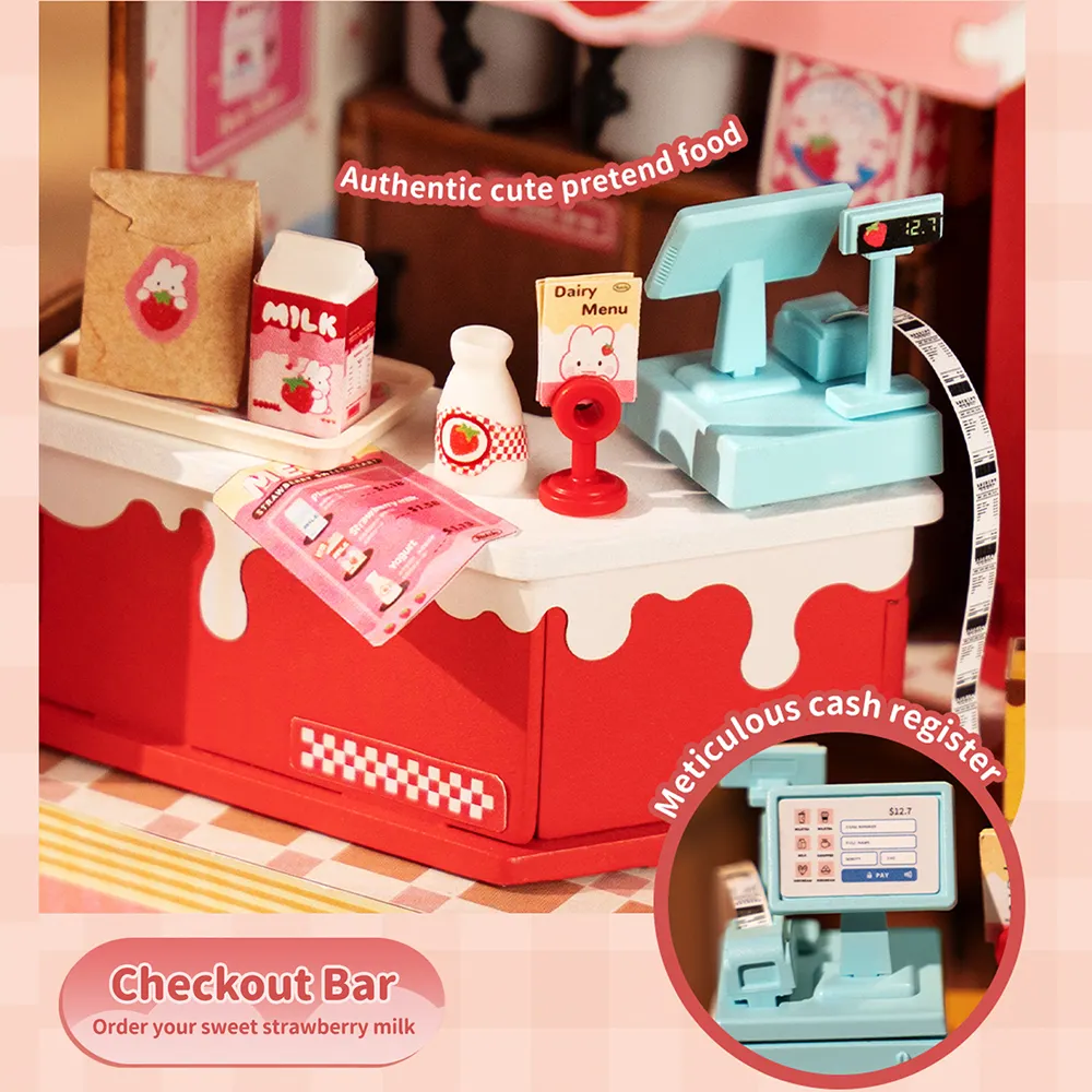 Robotime Rolife Kids Toys DS034 Strawberry Milk Box Model Kit DIY Miniature House 3D Wooden Puzzles