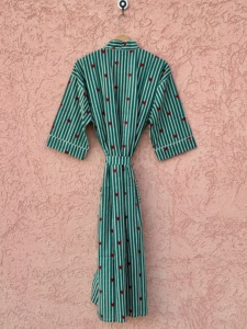 Green Striped Kimono <b>Robe</b> for Women Red Heart Hand Block Print Wrap Cotton Bathrobe Cozy Loungewear Spring/Summer <b>Beach</b> Cover - Product Image 6
