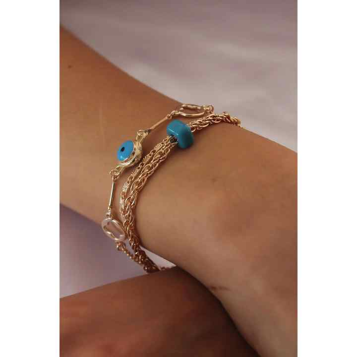 Gold Color Evil Eye Bead Figure 3-Piece Women's Bracelet - MDBB4762