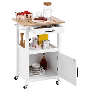 Carrello da Cucina Mobile in Legno con Anta Singola, Ripiani Regolabili, Cassetto, Portasciugamani e Ruote Girevoli - Product Image 6