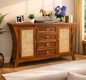 Indian Solid wood Flared Dining <b>Storage</b> Cabinet Mid Century Modern Rattan Door <b>Console</b> <b>Table</b> & Sideboards Home Furniture - Product Image 5