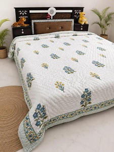 Hand Block Printed Cotton <b>Quilt</b> Reversible Floral Razai Handmade Indian King Size Boho <b>Bedspread</b> - Product Image 2