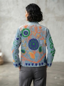 Elegant <b>Velvet</b> Embroidered Cotton Knitted Bomber <b>Jacket</b> <b>Women</b> Stand Collar Floral Handmade Ethnic Boho Autumn Quick Dry Full - Product Image 2