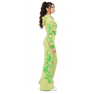 Women's Green Hooded <b>Tracksuit</b> Full Length Zipper Star Print <b>Y2K</b> Style Loose Fit Sweat Suit With Side Pockets - Product Image 4