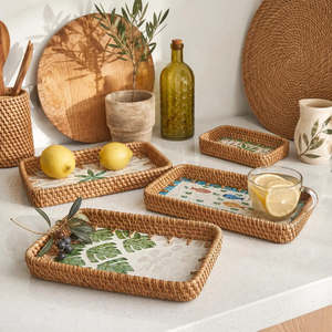 Preciosa Bandeja Rectangular de Ratán con Incrustaciones de Madreperla, Mosaico de Pescado y Flor de Margarita, Encantadora Bandeja para Postres y Comida, Venta al por Mayor - Product Image 3