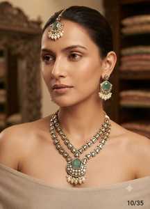 Conjunto de collar de perlas Kundan chapado en oro antiguo tradicional con aretes de piedra rubí, conjunto de joyería para novias, bodas y fiestas para mujer. - Product Image 3