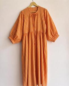 Orange <b>Plaid</b> Maxi <b>Dress</b> With Puff Sleeves Turn-Down Collar Loose Fit Tiered Hem Casual Summer Style 100% Cotton Woven Fabric - Product Image 5