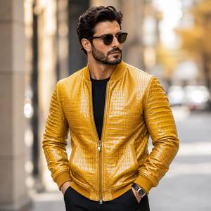 Blouson aviateur en cuir véritable pour homme, col montant, effet croco, finition premium, respirant, fermeture éclair, couleur moutarde - Product Image 4