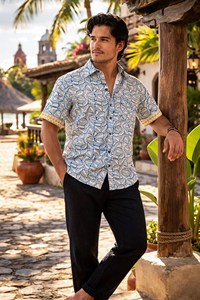 Premium Handcrafted Men’s Block Print Cotton <b>Half</b> Sleeve <b>Shirt</b> Geometric Border Embroidery Stylish Classic Fit <b>Button</b>-Down <b>Shirt</b> - Product Image 3