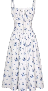 Robe maxi à imprimé floral blanc et bleu personnalisée pour femmes |   Robe d'été en coton tissé à bretelles spaghetti, col noué et taille haute - Product Image 4