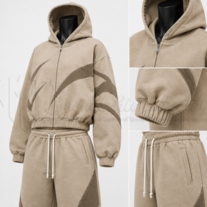 Conjunto Deportivo Unisex Beige con Capucha, Manga Larga, Patrón Geométrico, Corte Holgado, Ropa Casual de Otoño con Pantalones con Cordón - Product Image 6