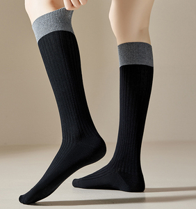 Contrast Cuff Knee High Socks Ribbed Cotton Long Stockings Soft Breathable Calf Length Hosiery Casual School Style Socks - Product Image 2