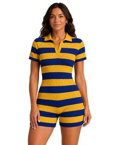 Yellow And Royal Blue Striped Knit Romper Women Short Sleeve Polo Collar Cotton Summer Casual Playsuit One Piece Custom Design - Product Image 1