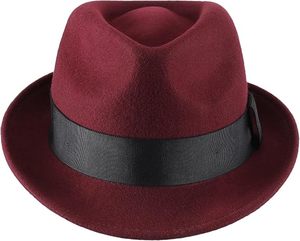 Chapeau Fedora en laine bordeaux avec bande de ruban noir, style classique unisexe pour un usage décontracté, toutes saisons, taille adulte 56-58 cm - Product Image 4