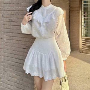 Elegant White Ruffle <b>Collar</b> <b>Lace</b> Top and A-Line Skirt Set for Women - Product Image 6