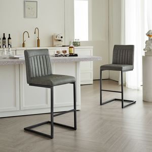 Sgabello da Bar in Ecopelle Grigia con Robusta Struttura in Metallo Nero, Altezza da Bancone, Kit Poggiapiedi, Schienale Trapuntato Verticale - Product Image 1