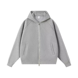 Sweat-shirt à capuche gris pour homme, fermeture éclair, manches raglan, coupe ample, couleur unie, en molleton bouclette 100% coton respirant, idéal pour l'automne - Product Image 2