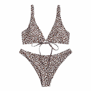 Custom Women's Leopard Print Two-Piece Bikini Set Cheetah V-Neck Bathing Suit Trendy Luxury Beachwear Bikini Set - Product Image 1
