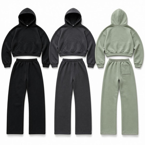 Ensemble sweat-shirt à capuche et pantalon de survêtement pour homme, couleur unie, vêtements décontractés pour la maison, vêtements d'automne, 100% coton, tricoté en French Terry - Product Image 1