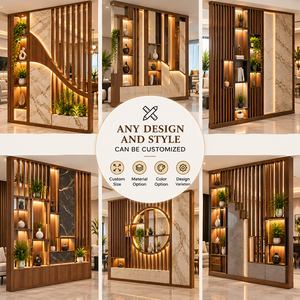 Paravent de séparation de pièce moderne en bois décoratif avec finition marbre, écran rétroéclairé LED, étagères et niches à lattes verticales - Product Image 3