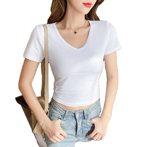 Camiseta de manga corta con cuello en V de algodón de verano para mujer - Product Image 1