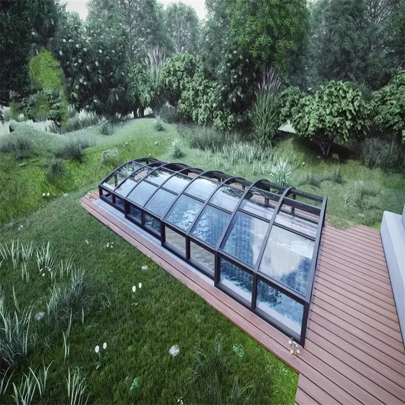 La veranda del tetto inclinato con telaio in alluminio trasforma la piscina all'aperto in una recinzione a cupola per interni recinzioni per tettoie per il sole conservatorio vittoriano