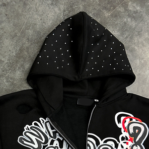 Sweat à capuche homme Y2K personnalisé, style streetwear, imprimé en relief, strass sur le capuche, effet vieilli vintage, 500 GSM, fermeture éclair, noir, coupe oversize - Product Image 6