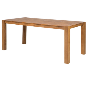 Una mesa de comedor rectangular minimalista de teca con patas cuadradas robustas, ideal para el comedor de una casa o una villa. - Product Image 1