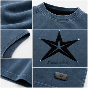Camiseta sin mangas estilo Y2K, color azul petróleo, de algodón y modal lavado, con gráfico de estrella de terciopelo negro. - Product Image 6