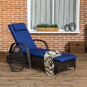 Sdraio da Esterno in Rattan Blu Scuro con Cuscino, Poggiatesta, Braccioli e Ruote, Lettino Reclinabile per il Massimo Comfort - Product Image 2