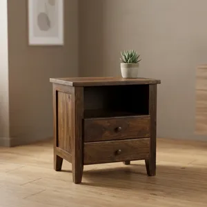 Table de chevet rustique en bois massif avec 2 tiroirs et étagère ouverte pour chambre à coucher ou salon - Product Image 1