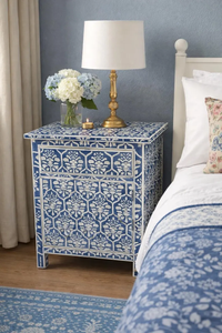 Mesa de noche con incrustaciones de hueso y diseño floral para decoración de dormitorio - Product Image 5